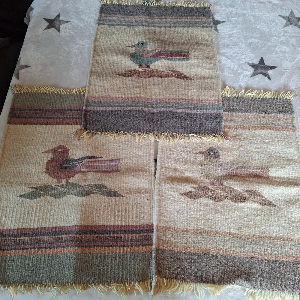Lot Of 3 Vintage Zapotec Oaxacan 15"x20" Hand Woven Wool Tribal Wall Hanging